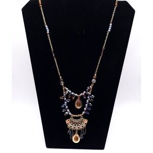 1946 Boho Bib Statement Necklace Tiger Eye Style Gold Tone